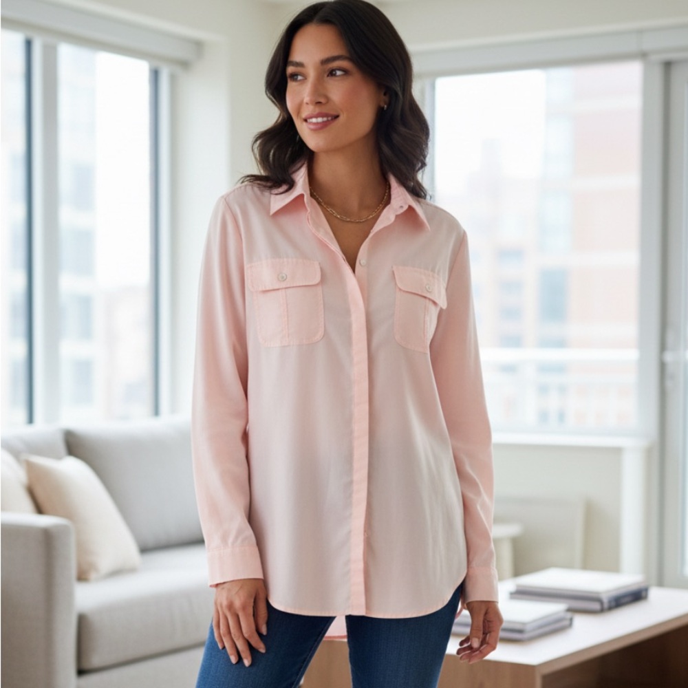 Chico's Powder Pastel Pink Sheer Button down Preppy Shirt Carrier Office M
